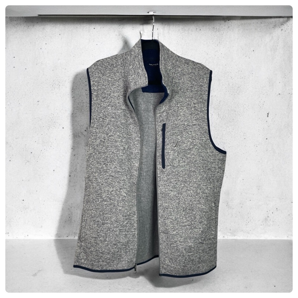 Nautical Gray front Zip Sweater Vest with navy trim XL
